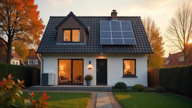 Vrijstaand huis met zonnepanelen en hybride warmtepomp buitenunit, omringd door herfstkleuren in een woonwijk.